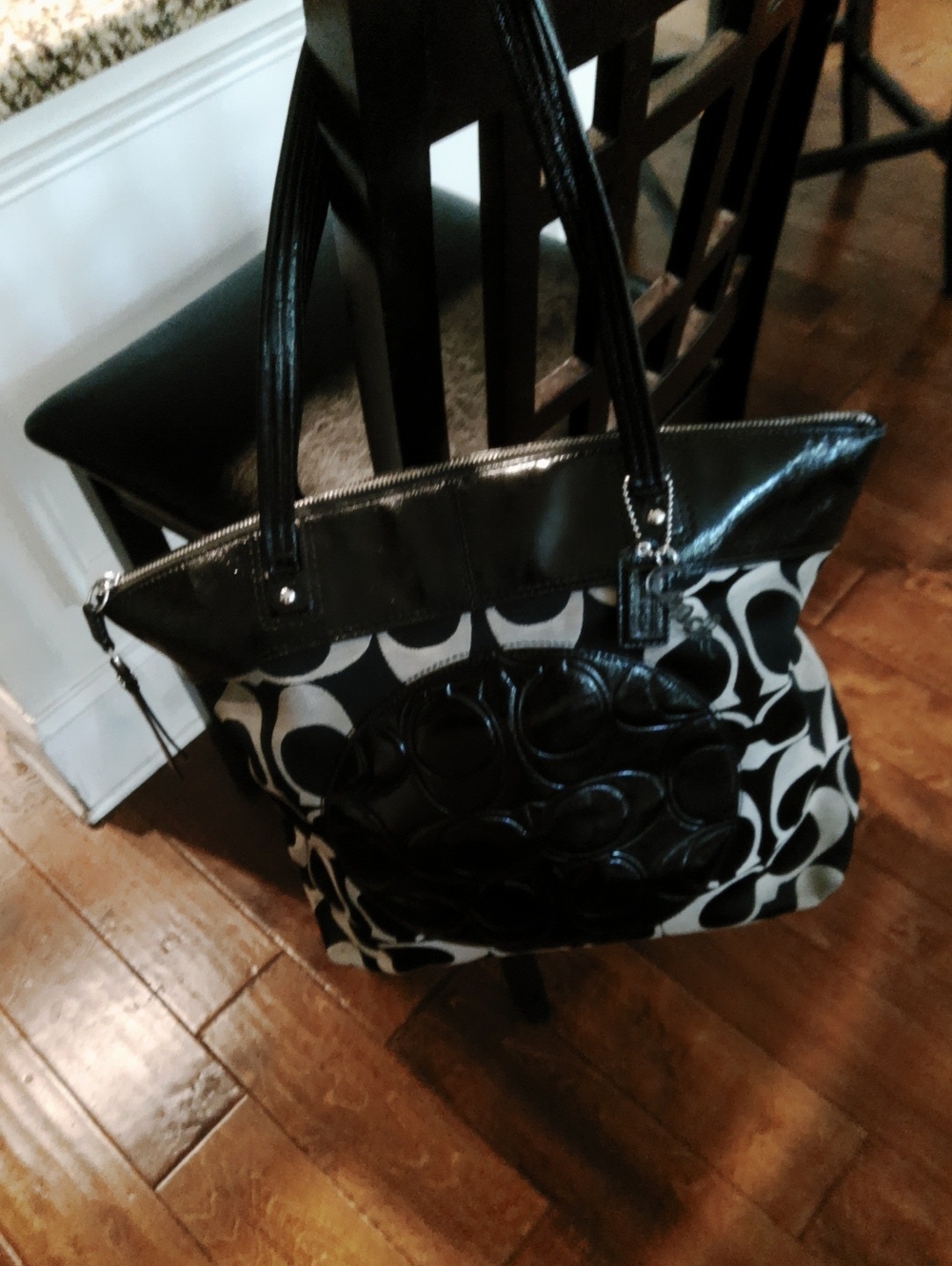 Coach Black and White Signature Logo Tote with Leather Trim.   EUC